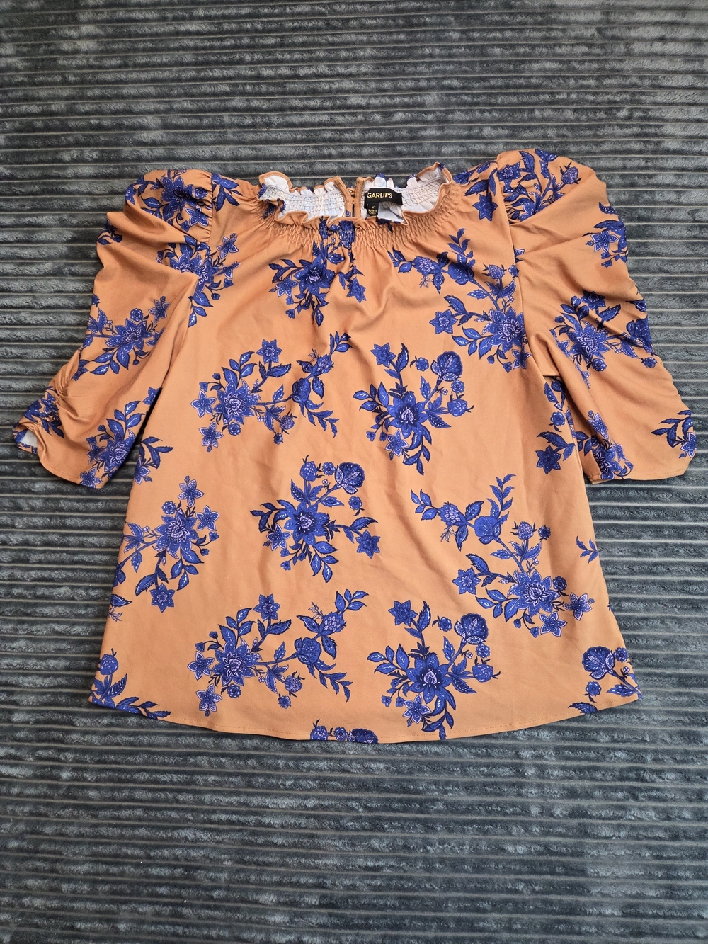Sugarlips Orange Off-Shoulder Top with Blue Floral Pattern